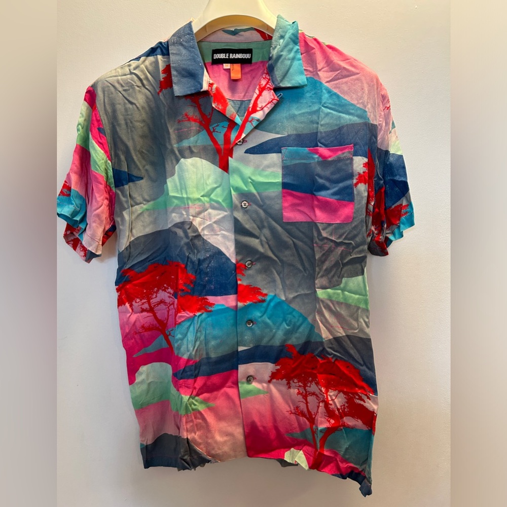 Double Rainbouu Printed Short Sleeve Button-Up 100% Rayon